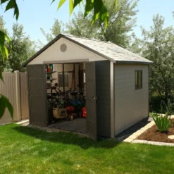 11′ wide x 11′ deep plastic storage shed