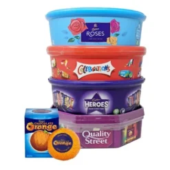Assorted Christmas Chocolate Tubs Selection – Pack of 5 – Bulk Buy of Roses. Heroes. Quality Street. Celebrations Chocolate Pralines & 1 Terry-s Orange Chocolate with Topline Card for Chocolate Gifts