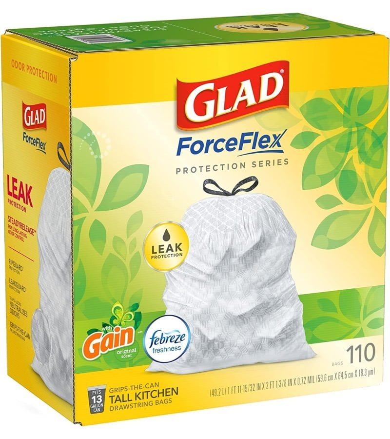 GLAD ForceFlex Tall Kitchen Drawstring Trash Bags. 13 Gallon White Trash Bag for Kitchen Trash Can. Gain Original Scent. Odor Shield. Odor Eliminator. Leak Protection. 110 Count - Image 7