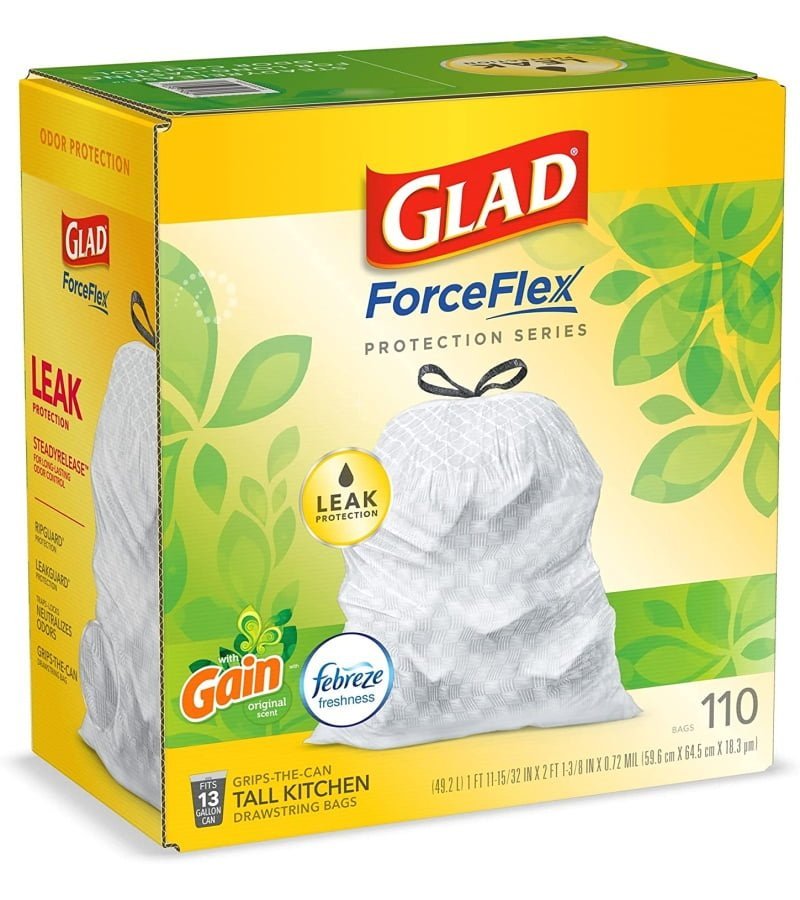 GLAD ForceFlex Tall Kitchen Drawstring Trash Bags. 13 Gallon White Trash Bag for Kitchen Trash Can. Gain Original Scent. Odor Shield. Odor Eliminator. Leak Protection. 110 Count - Image 8