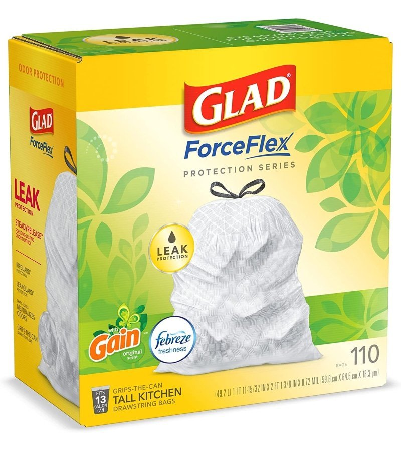 GLAD ForceFlex Tall Kitchen Drawstring Trash Bags. 13 Gallon White Trash Bag for Kitchen Trash Can. Gain Original Scent. Odor Shield. Odor Eliminator. Leak Protection. 110 Count - Image 12