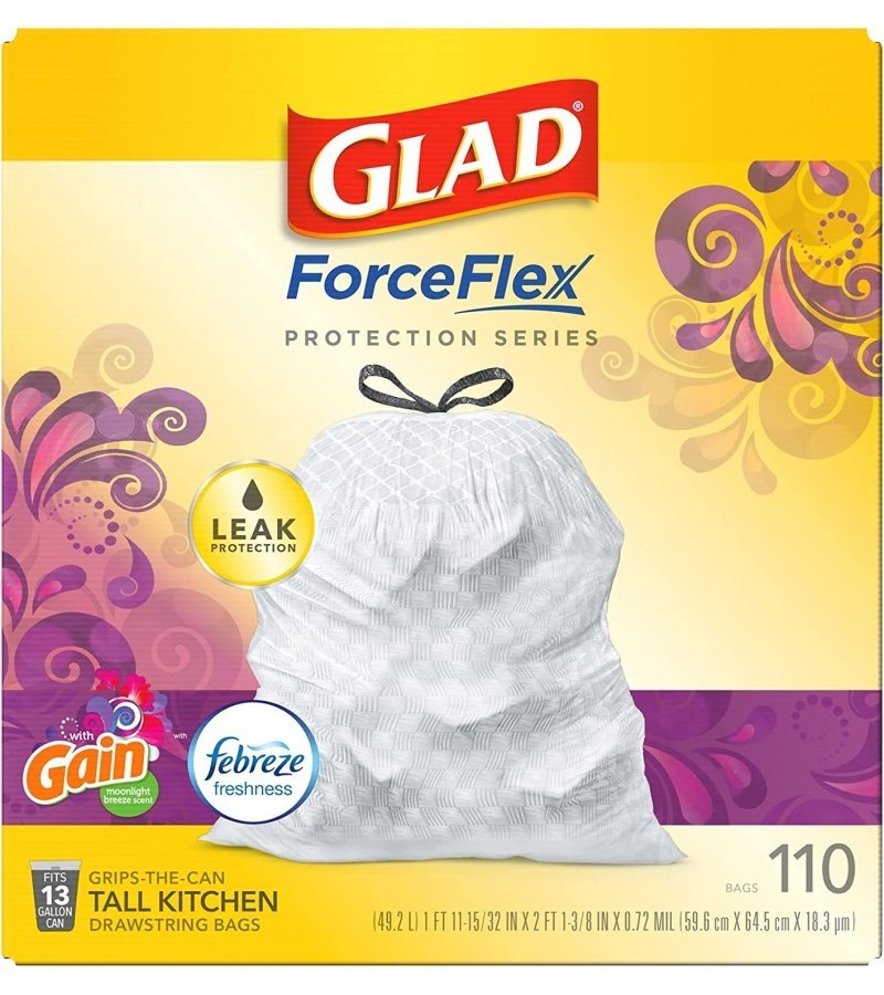 Glad Trash & Food Storage ForceFlex Protection Series Tall Trash Bags. 13 Gal. Gain Moonlight Breeze with Febreze. 110 Ct (Package May Vary) - Image 14