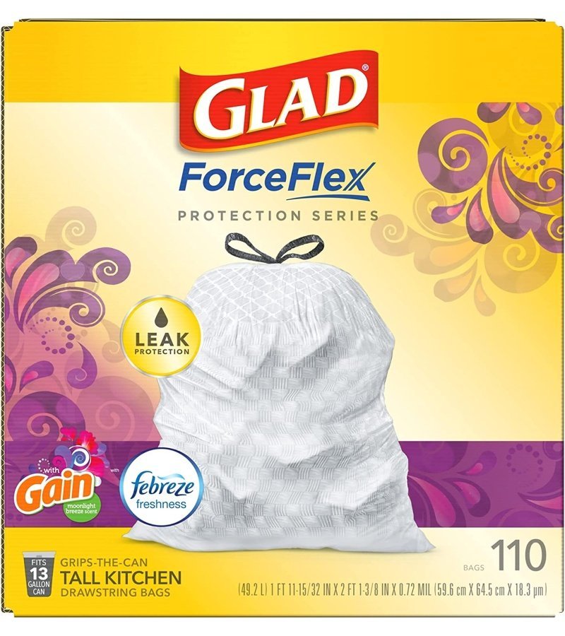 Glad Trash & Food Storage ForceFlex Protection Series Tall Trash Bags. 13 Gal. Gain Moonlight Breeze with Febreze. 110 Ct (Package May Vary) - Image 11