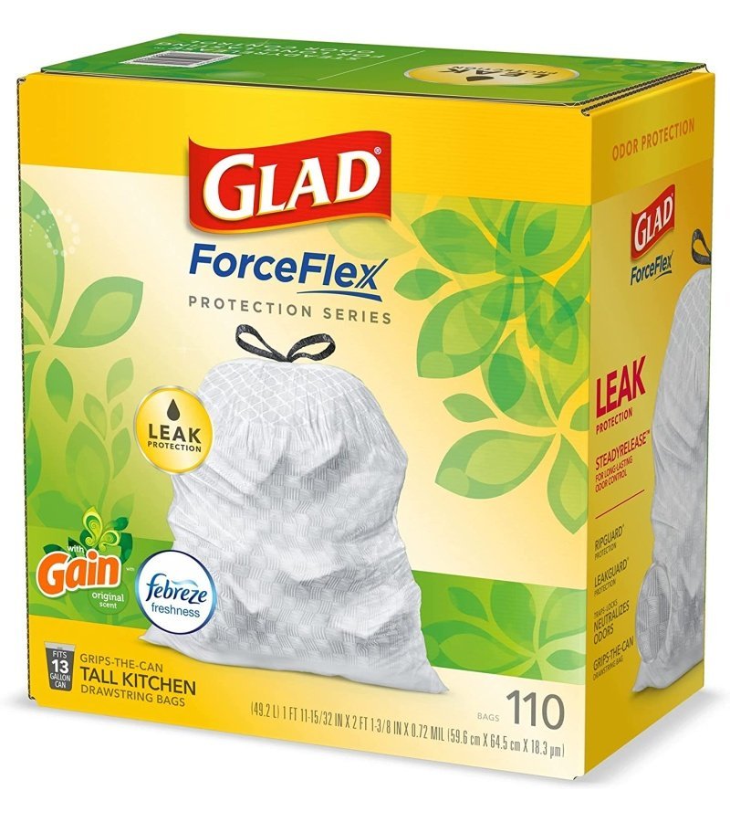 GLAD ForceFlex Tall Kitchen Drawstring Trash Bags. 13 Gallon White Trash Bag for Kitchen Trash Can. Gain Original Scent. Odor Shield. Odor Eliminator. Leak Protection. 110 Count - Image 10
