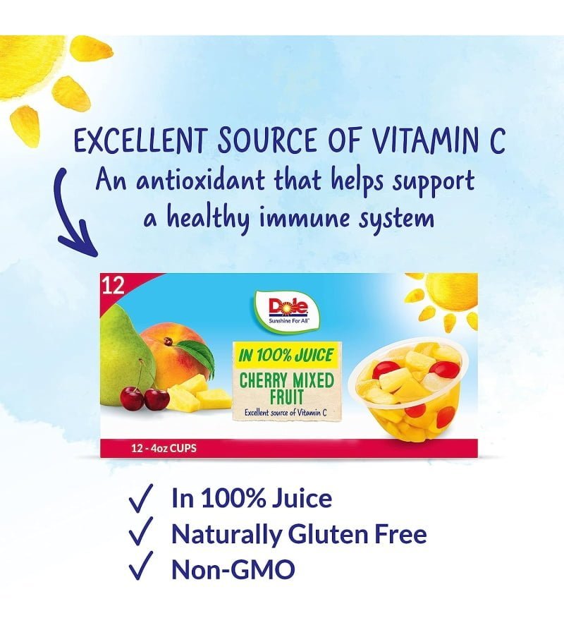 Dole Fruit Bowls Cherry Mixed Fruit in 100% Juice. Gluten Free Healthy Snack. 4 Oz. 12 Count - Image 3