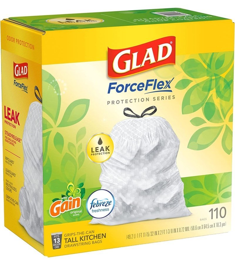 GLAD ForceFlex Tall Kitchen Drawstring Trash Bags. 13 Gallon White Trash Bag for Kitchen Trash Can. Gain Original Scent. Odor Shield. Odor Eliminator. Leak Protection. 110 Count - Image 11