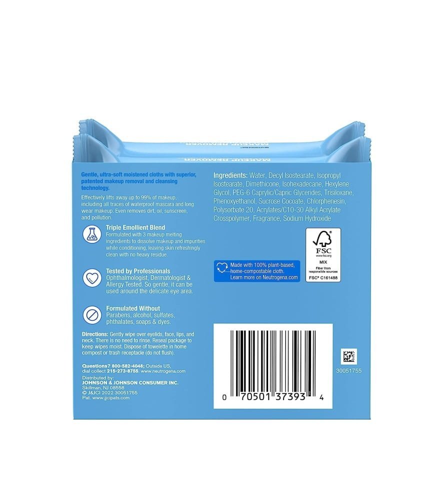 Neutrogena Cleansing Fragrance Free Makeup Remover Face Wipes. Cleansing Facial Towelettes for Waterproof Makeup. Alcohol-Free. Unscented. 100% Plant-Based Fibers. Twin Pack. 2 x 25 ct - Image 8