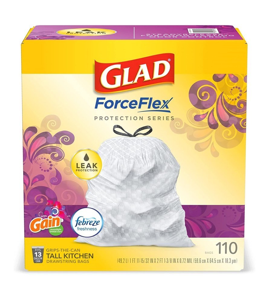 Glad Trash & Food Storage ForceFlex Protection Series Tall Trash Bags. 13 Gal. Gain Moonlight Breeze with Febreze. 110 Ct (Package May Vary)