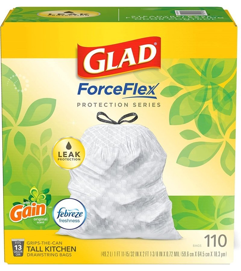 GLAD ForceFlex Tall Kitchen Drawstring Trash Bags. 13 Gallon White Trash Bag for Kitchen Trash Can. Gain Original Scent. Odor Shield. Odor Eliminator. Leak Protection. 110 Count - Image 20
