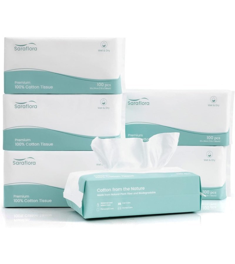 Saraflora 100% Cotton Facial Tissue. Soft Dry Wipe 6 Pack Size 7.9??7.9 inches. Use for Sensitive Skin Disposable Face Towel and Baby Washcloths. Makeup Wipes. Disposable Cleansing Cloths600 Count - Image 8