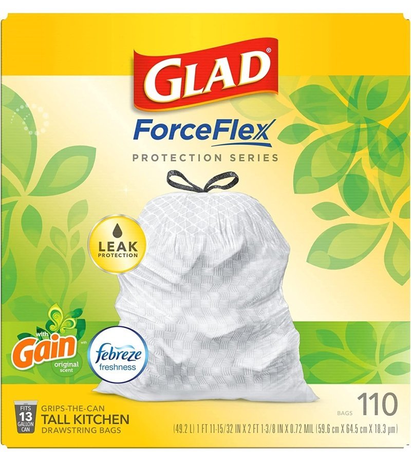 GLAD ForceFlex Tall Kitchen Drawstring Trash Bags. 13 Gallon White Trash Bag for Kitchen Trash Can. Gain Original Scent. Odor Shield. Odor Eliminator. Leak Protection. 110 Count - Image 19
