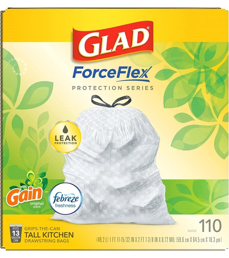 GLAD ForceFlex Tall Kitchen Drawstring Trash Bags. 13 Gallon White Trash Bag for Kitchen Trash Can. Gain Original Scent. Odor Shield. Odor Eliminator. Leak Protection. 110 Count - Image 15