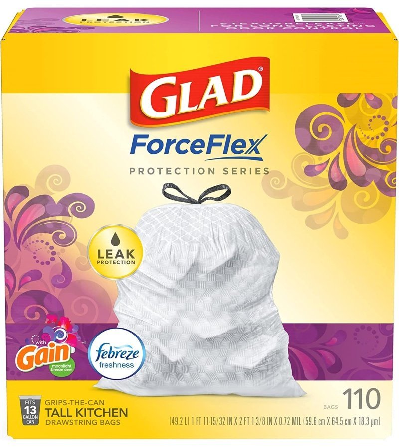 Glad Trash & Food Storage ForceFlex Protection Series Tall Trash Bags. 13 Gal. Gain Moonlight Breeze with Febreze. 110 Ct (Package May Vary) - Image 15