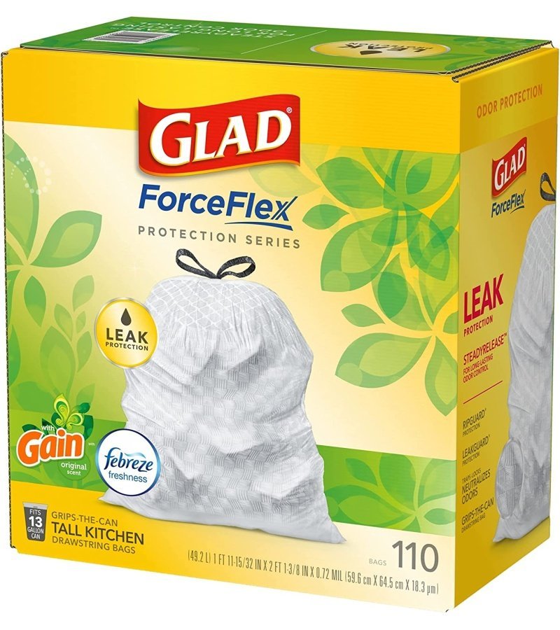 GLAD ForceFlex Tall Kitchen Drawstring Trash Bags. 13 Gallon White Trash Bag for Kitchen Trash Can. Gain Original Scent. Odor Shield. Odor Eliminator. Leak Protection. 110 Count - Image 9