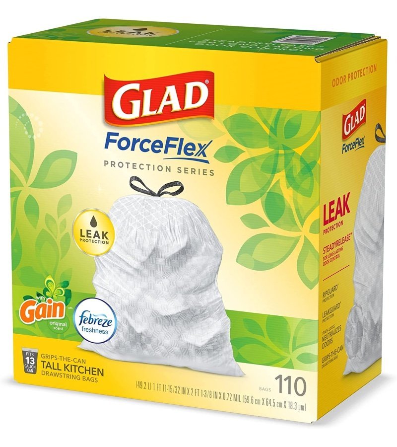 GLAD ForceFlex Tall Kitchen Drawstring Trash Bags. 13 Gallon White Trash Bag for Kitchen Trash Can. Gain Original Scent. Odor Shield. Odor Eliminator. Leak Protection. 110 Count - Image 14