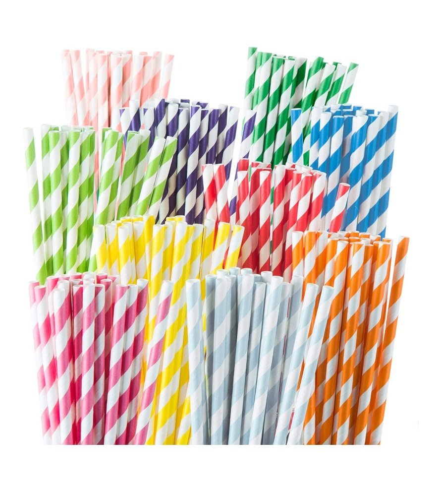 Weemium 200 Biodegradable Paper Straws ?C Durable & Eco-Friendly in 10 Color Stripes ?C Rainbow Drinking Straws & Party Decoration Supplies