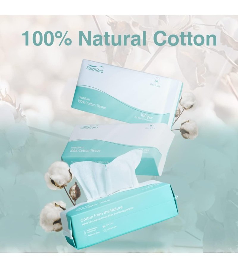 Saraflora 100% Cotton Facial Tissue. Soft Dry Wipe 6 Pack Size 7.9??7.9 inches. Use for Sensitive Skin Disposable Face Towel and Baby Washcloths. Makeup Wipes. Disposable Cleansing Cloths600 Count - Image 2