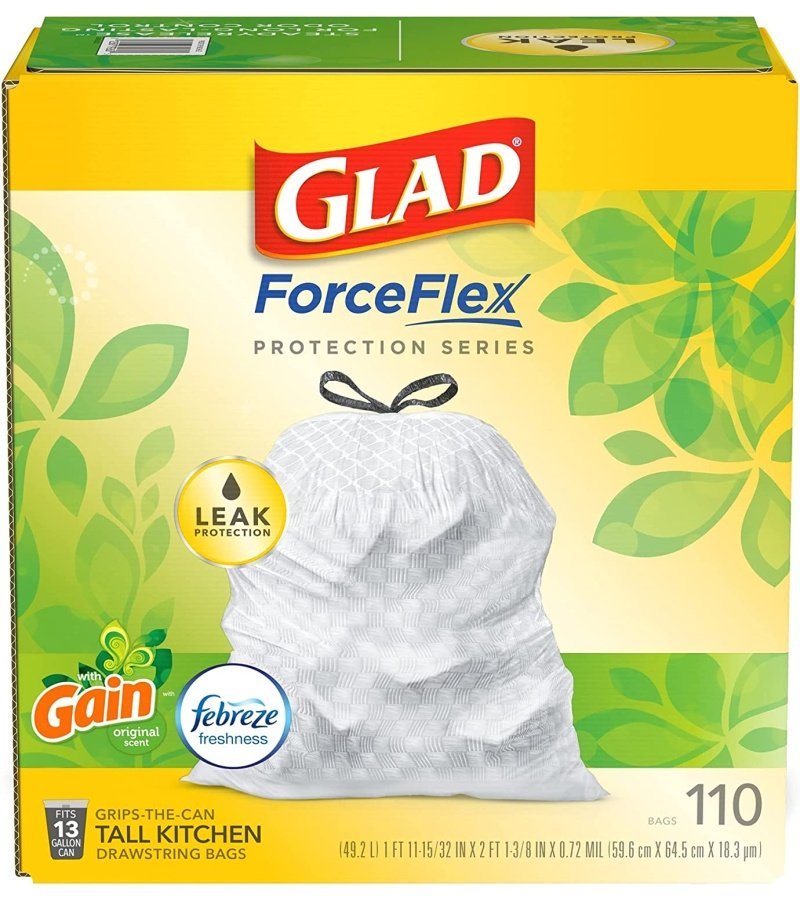 GLAD ForceFlex Tall Kitchen Drawstring Trash Bags. 13 Gallon White Trash Bag for Kitchen Trash Can. Gain Original Scent. Odor Shield. Odor Eliminator. Leak Protection. 110 Count - Image 16