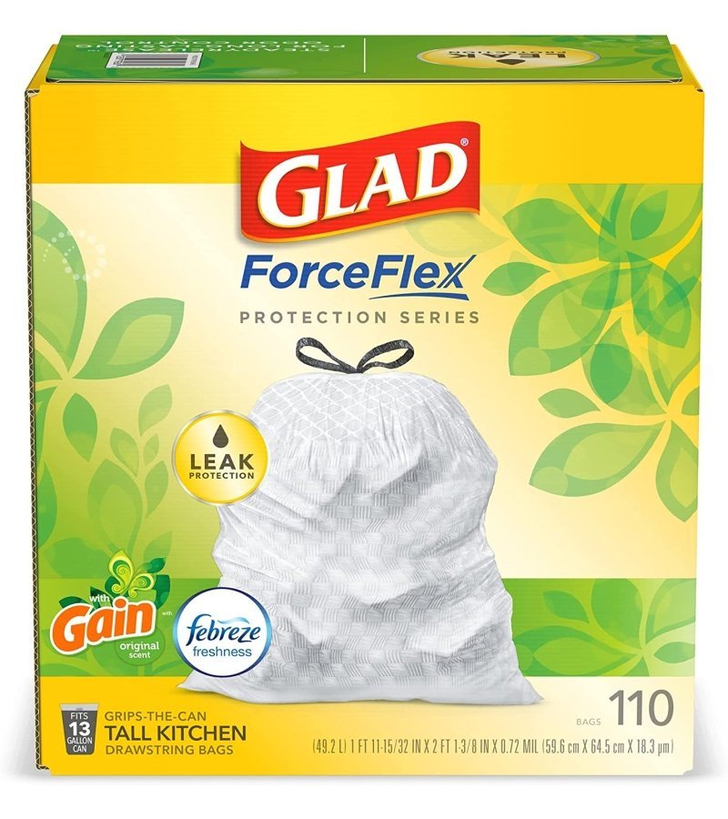 GLAD ForceFlex Tall Kitchen Drawstring Trash Bags. 13 Gallon White Trash Bag for Kitchen Trash Can. Gain Original Scent. Odor Shield. Odor Eliminator. Leak Protection. 110 Count - Image 17
