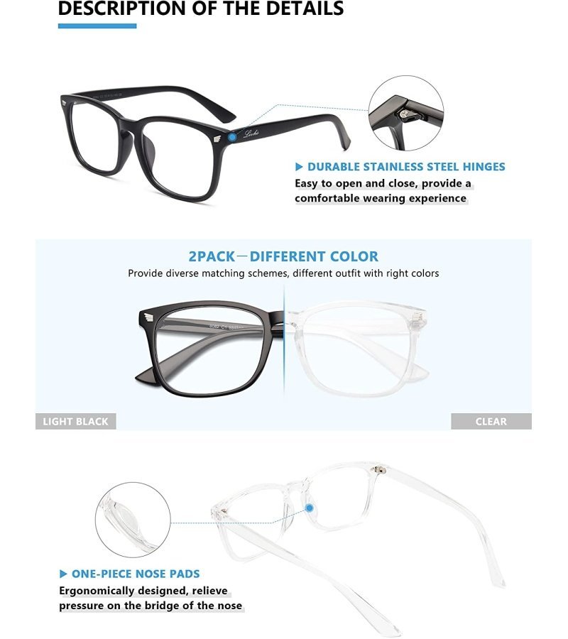 livho 2 Pack Blue Light Blocking Glasses. Computer Reading/Gaming/TV/Phones Glasses for Women Men.Anti Eyestrain & UV Glare (Light Black+Clear) - Image 3