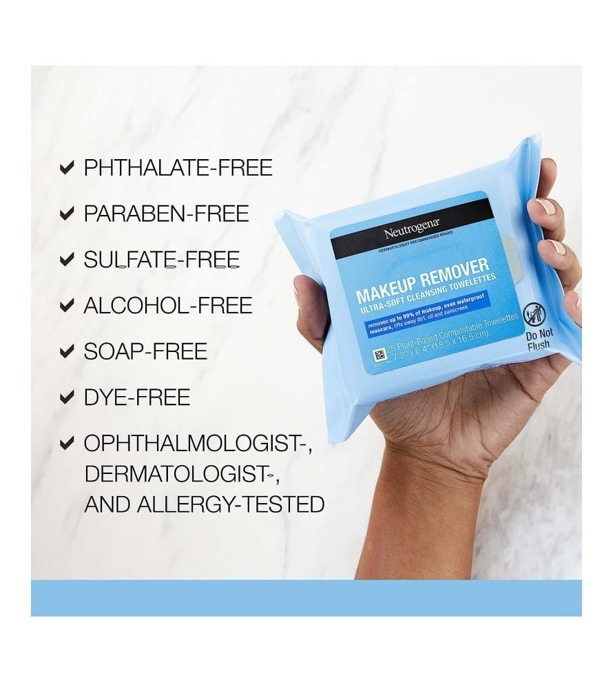 Neutrogena Cleansing Fragrance Free Makeup Remover Face Wipes. Cleansing Facial Towelettes for Waterproof Makeup. Alcohol-Free. Unscented. 100% Plant-Based Fibers. Twin Pack. 2 x 25 ct - Image 6