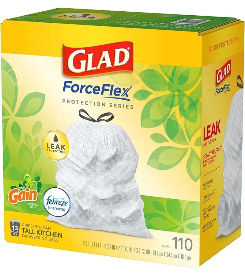 GLAD ForceFlex Tall Kitchen Drawstring Trash Bags. 13 Gallon White Trash Bag for Kitchen Trash Can. Gain Original Scent. Odor Shield. Odor Eliminator. Leak Protection. 110 Count - Image 13