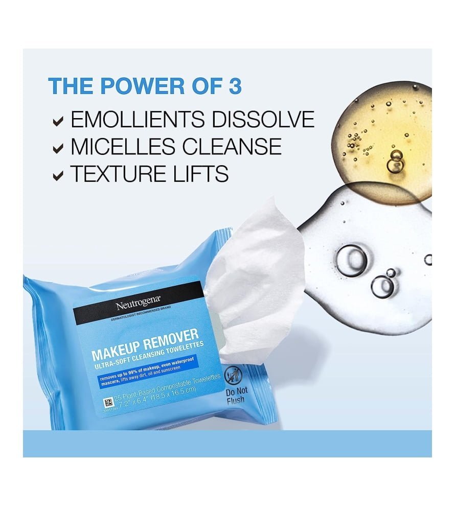 Neutrogena Cleansing Fragrance Free Makeup Remover Face Wipes. Cleansing Facial Towelettes for Waterproof Makeup. Alcohol-Free. Unscented. 100% Plant-Based Fibers. Twin Pack. 2 x 25 ct - Image 3